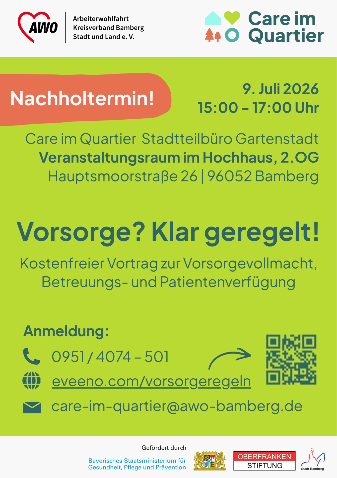 Bright lime event poster announcing a rescheduled date 'Nachholtermin!' for July 9, 2026, 15:00–17:00 at Care im Quartier, Bamberg, with venue details, contact info, and a QR code.