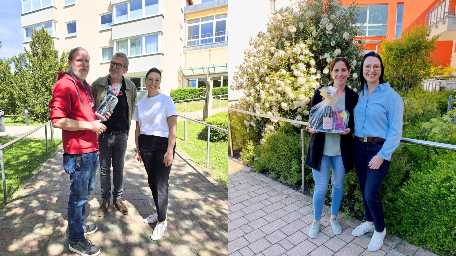 Left panel: three adults pose outdoors near a residential building; a man in a red hoodie offers a bottled gift to a man in a green jacket while a woman in white smiles beside them. Right panel: two women smile next to flowering bushes, one holding a gift basket.
