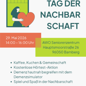 Poster announcing 'Tag der Nachbarschaft' with a person holding a heart, event title and logos in the header, plus date, time and venue details.