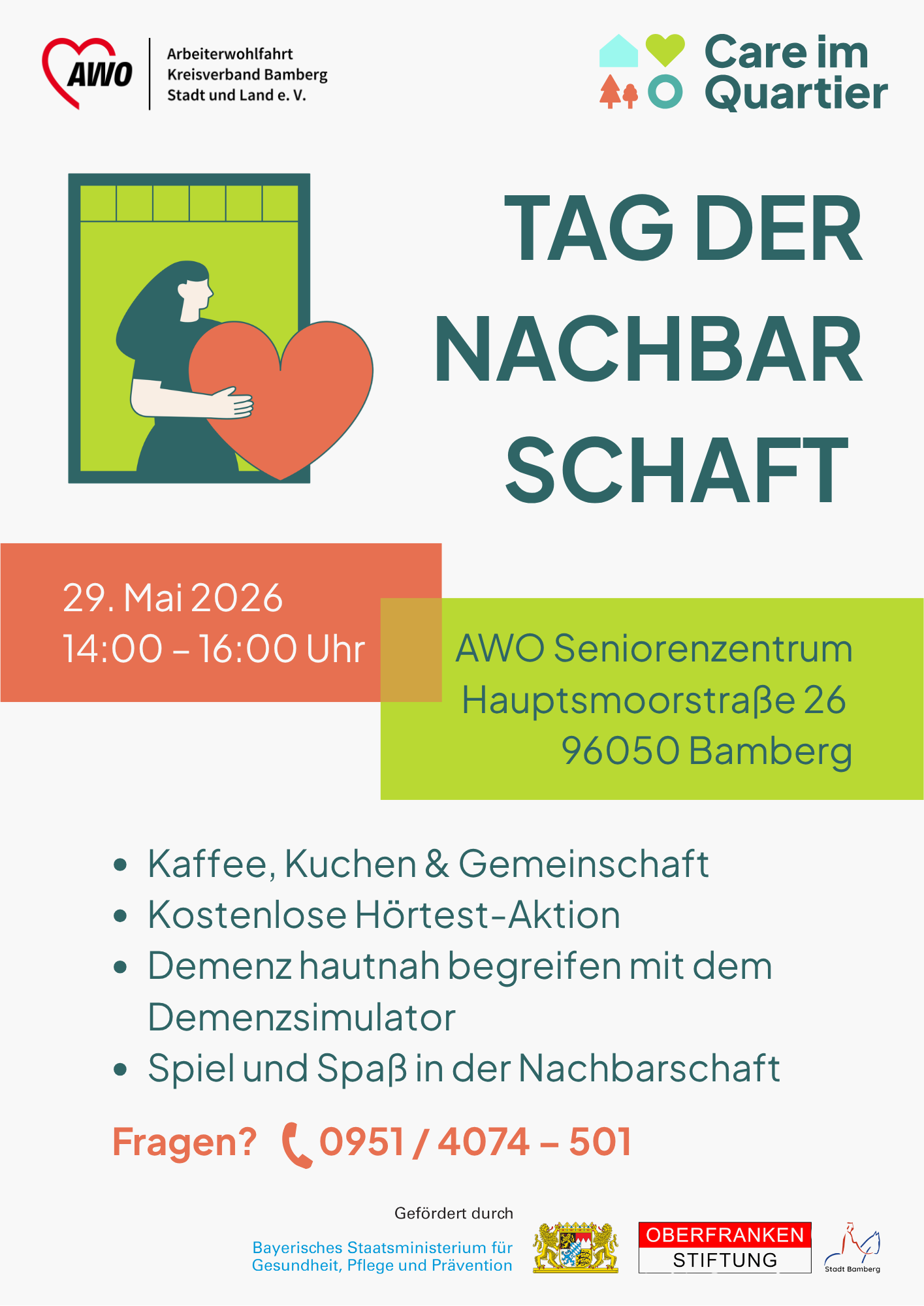 Poster announcing 'Tag der Nachbarschaft' with a person holding a heart, event title and logos in the header, plus date, time and venue details.