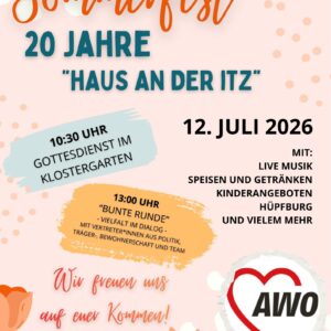 Sommerfest-Poster: 20 Jahre ›Haus an der Itz‹, Datum 12. Juli 2026, bunte Blumenmotive und AWO-Logo.
