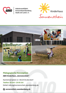 AWO and Sonnenschein Kinderhaus logos above; exterior building with a playground and two inset photos of children playing outside.