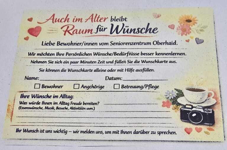 Form titled 'Auch im Alter bleibt Raum für Wünsche' for residents to share personal wishes, with checkboxes (Bewohner, Angehörige, Betreuung/Pflege) and spaces for Name, Datum; decorative hearts, flowers, a camera and a cup of coffee on the right.